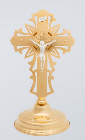 relikviář Jak kříž 29cm, uvnitř3,7cm,zlacený,Kristus a zn.ev.stříbrné