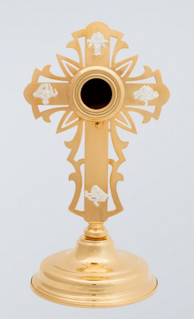 relikviář Jak kříž 29cm, uvnitř3,7cm, zlacený, Kristus a zn.ev.stříbrné